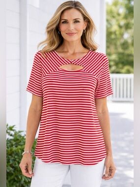 Chicos Red White Striped Top Blouse Size 2/L Peek-A-Boo Cutout Relaxed Fit Swing